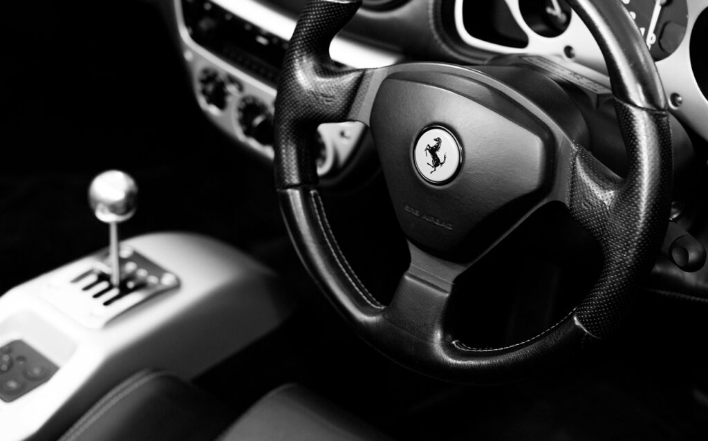 ferrari 360, ferrari, automobile, steering wheel, supercar, car wallpapers, interior, car interiors, car, vehicle, auto, luxury, modern, speed, fast, transportation, power, design, sportscar, automotive, technology, steering, luxury car, monochrome, black and white